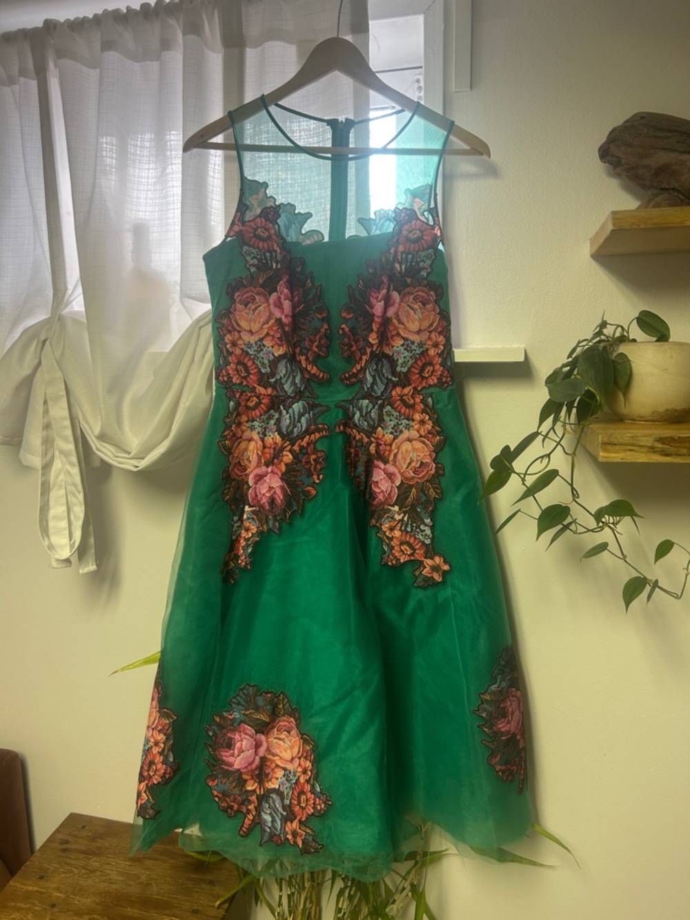 Green Floral Appliqué Mesh Fit-and-Flare Dress